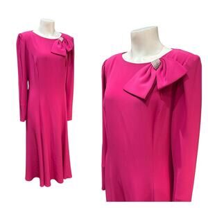Vintage 1980s Miss Elliette Hot Pink Bow Shoulder Dress / women’s Large -